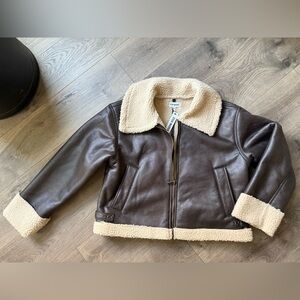 Steve Madden Brown Faux Leather Bomber Jacket with Faux Shearling Trim